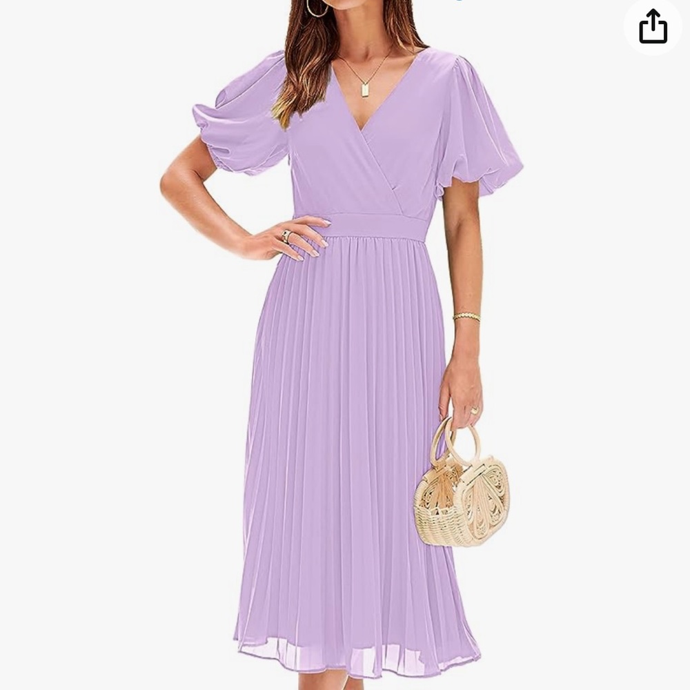 MEROKEETY - Puff Sleeve Wrap V Neck Pleated Flowy Midi Dress